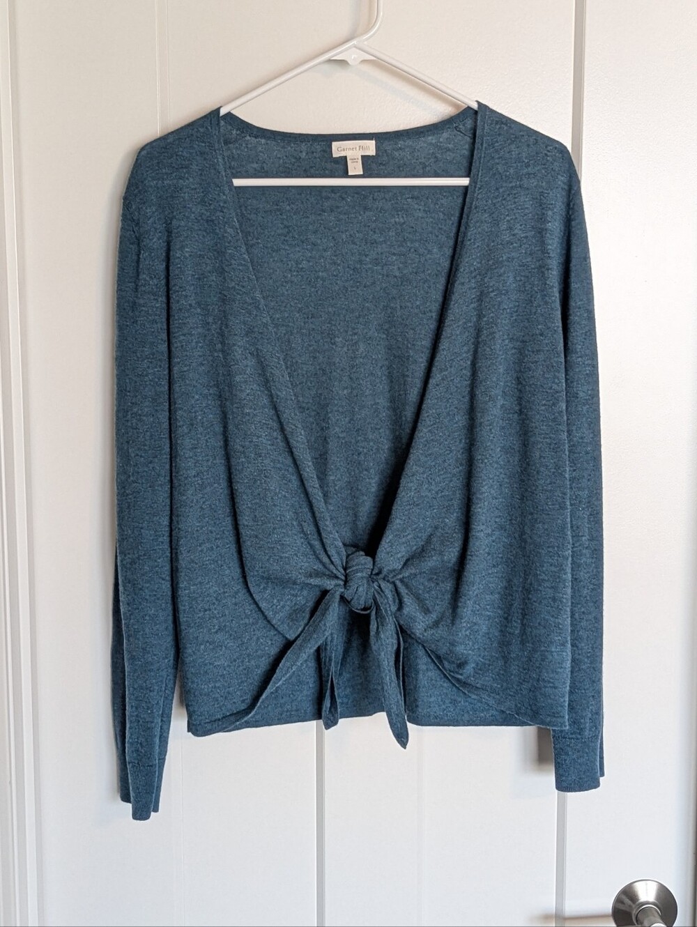 Garnet Hill 100% Cashmere Easy Tie Front Sweater - Teal Blue sz L